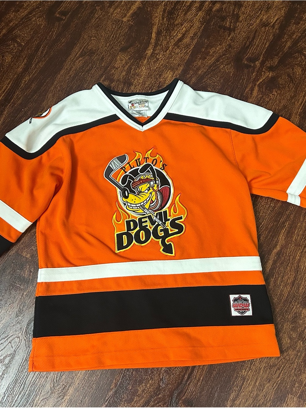 Walt Disney Pluto Devils Dogs Hockey Jersey in Orange and White